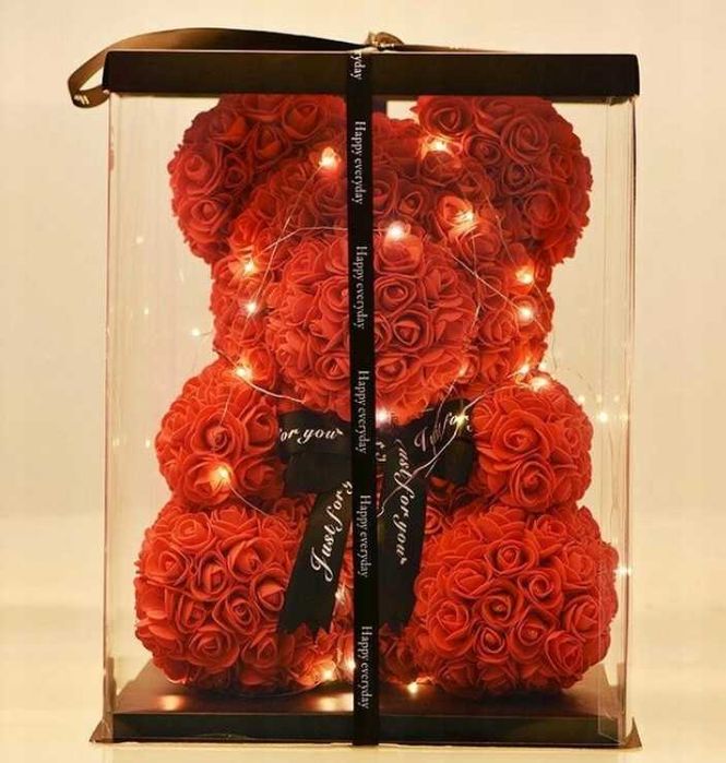 (Zestaw) Walentynki Prezent Miś z róź, Złoty Naszyjnik SERCE 925/585