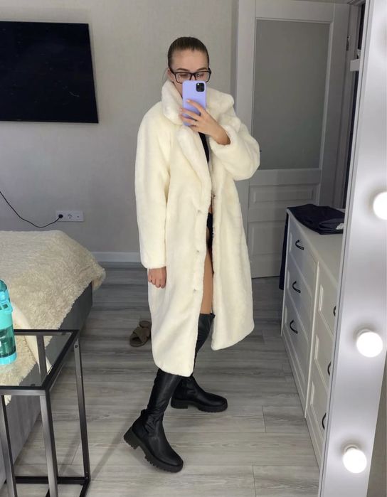 РОЗПРОДАЖ Шуба шубка біла S M з поясом пальто еко зимова штучна L XL
