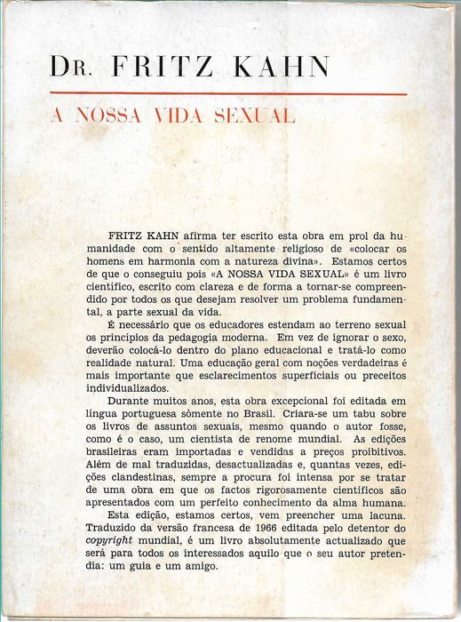 Livro A nossa vida sexual -  Fritz Kahn, 1968, 322 páginas
