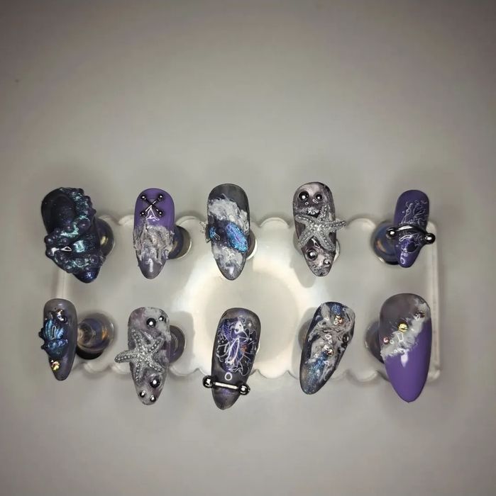 Fioletowe Morskie Tipsy Migdałki Press On Nails