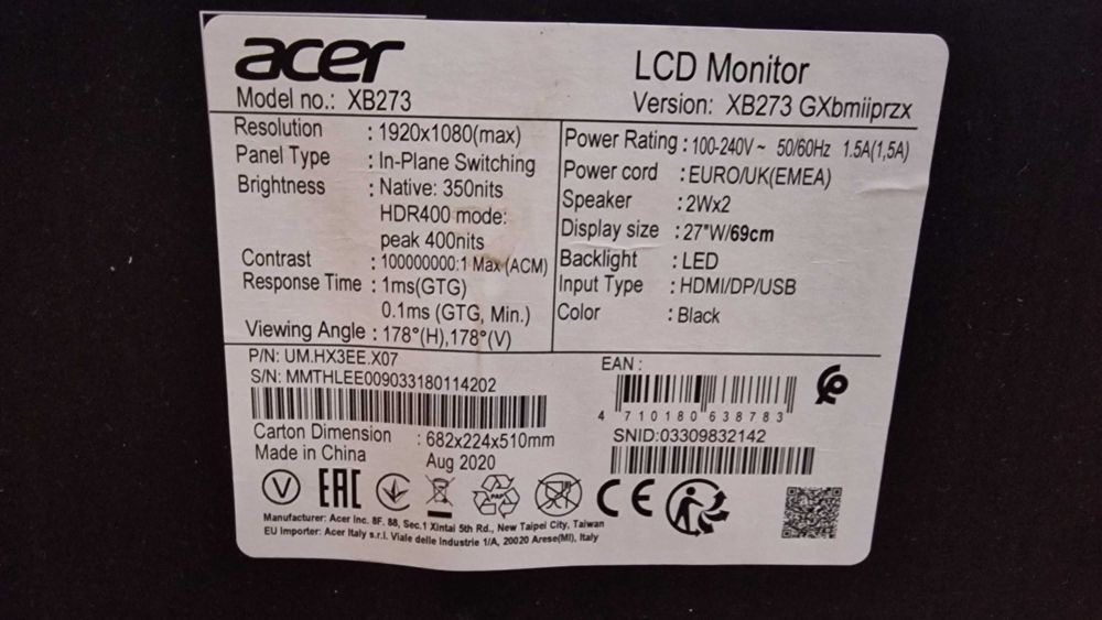 Monitor Gaming Acer Predator XB273 NOVO