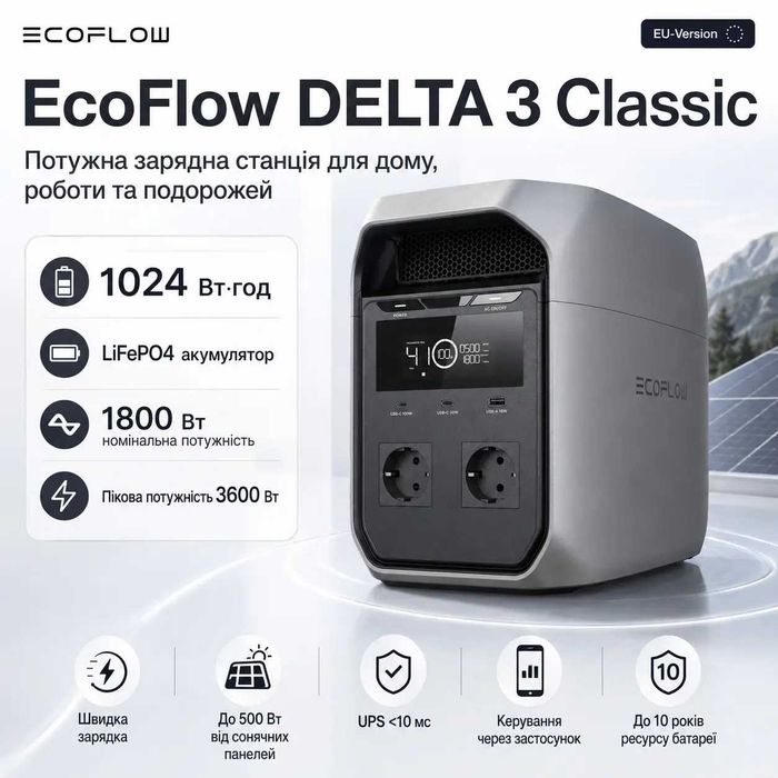 Зарядна станція EcoFlow DELTA 3 Classic EU ( Європа ) (EFDELTA3C-EU-CBox-L) 1024 Вт·год LiFePO4, 1800 Вт в наявності в Луцьку
