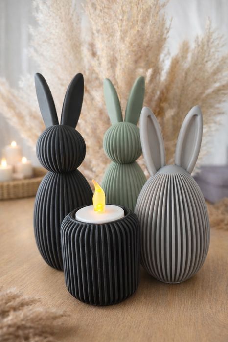 Nowoczesne dekoracyjne zajączki + świecznik – zestaw Wielkanoc
