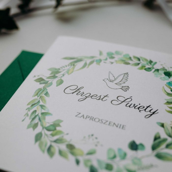 Zaproszenia na Chrzest Święty z zielenią i gołębicą