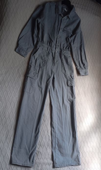 ZARA M szary luźny kombinezon dżinsowy sprany  denim cargo