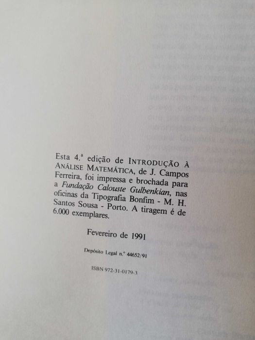 Introdução à análise matemática - J. Campos Ferreira (4ª edição, 1991)