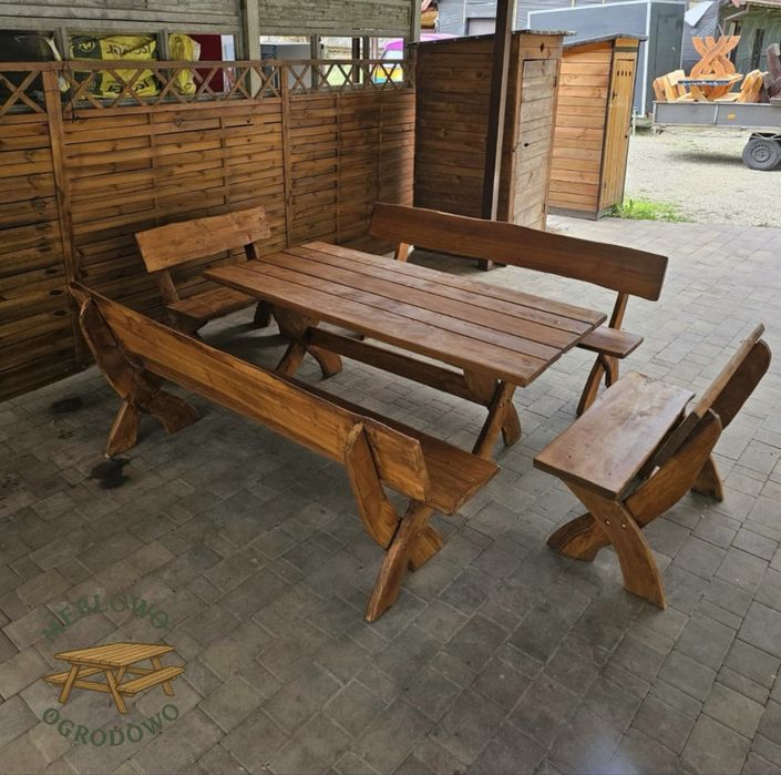 Meble ogrodowe drewniane, stół + 4 ławki - TRANSPORT GRATIS! - dostępne od ręki!