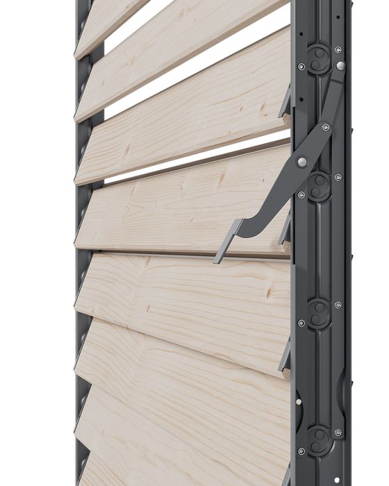 Stalowy mechanizm, ruchome deseczki. System shutters metalowy