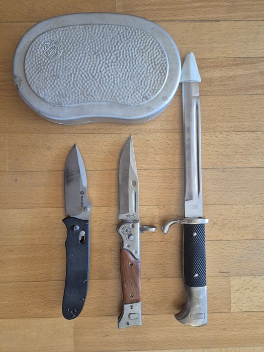 Zestaw militarny / survivalowy: Nóż Ganzo, bagnet, nóż AK-47 + menażka PRL Aluwa
