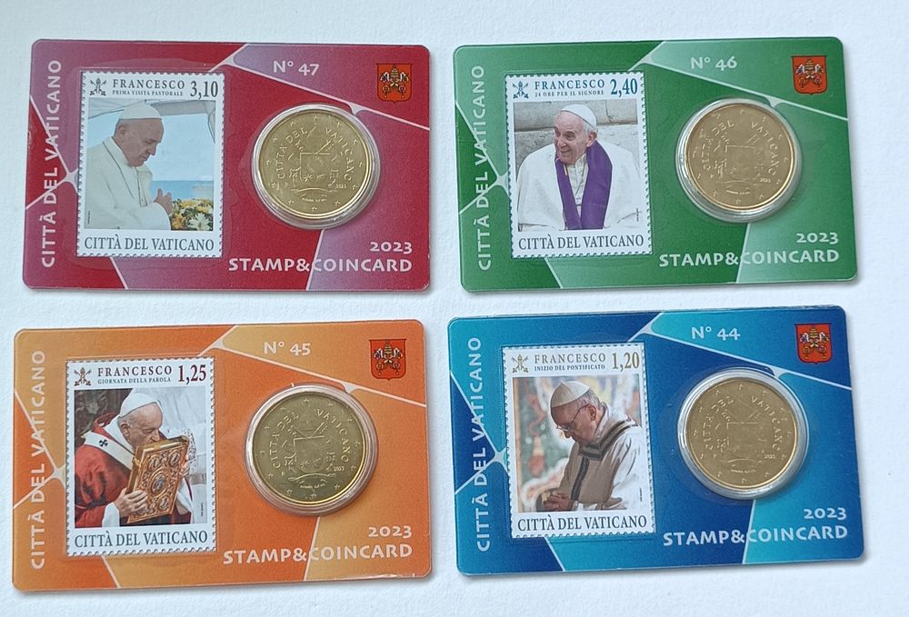 Vaticano 2023 -. Papa Francisco Conjunto 4 Coincard com selo.