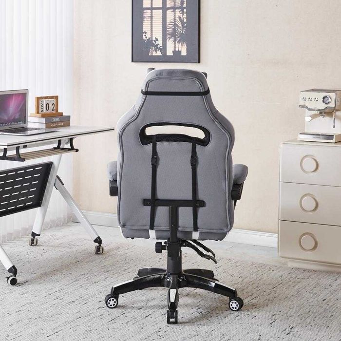 Крісло геймерське з тканини біло-сіре з підставкою / Кресло геймерское