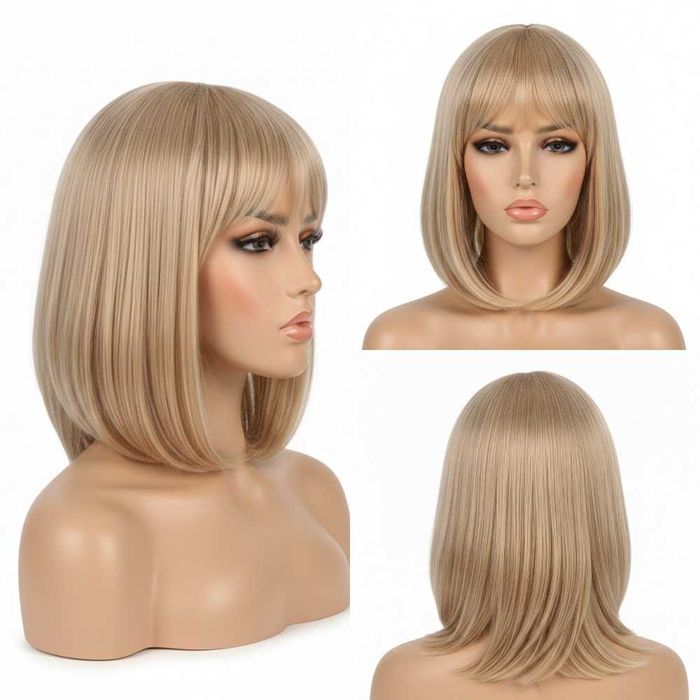 Krótka peruka bob blond z grzywką