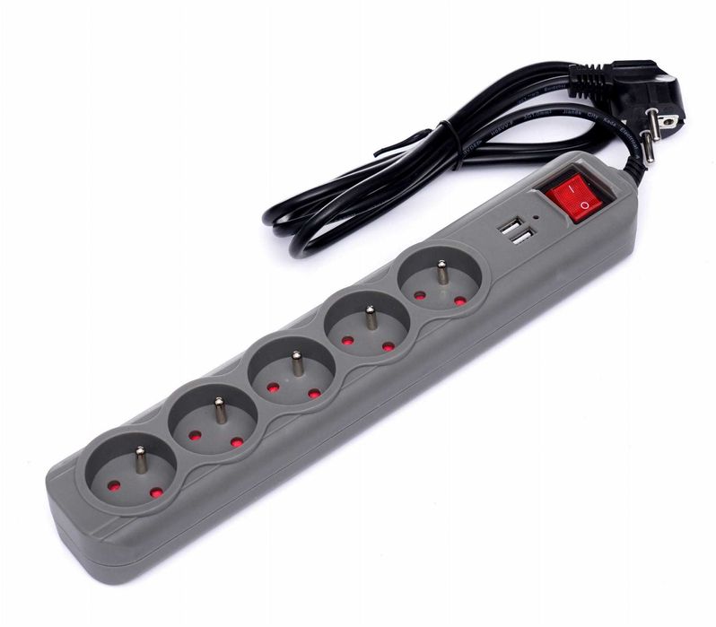 PRZEDŁUŻACZ LISTWA ZASILAJĄCA antyprzepięciowa 5Gniazd 2USB 1,5M Kabel