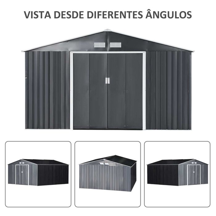 Abrigo de jardim grande 340x386x200 cm cinzento com ventilação