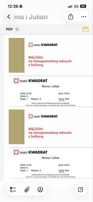 Bilety do Teatru Kwadrat "Roma i Julian" super miejsca 20 grudnia
