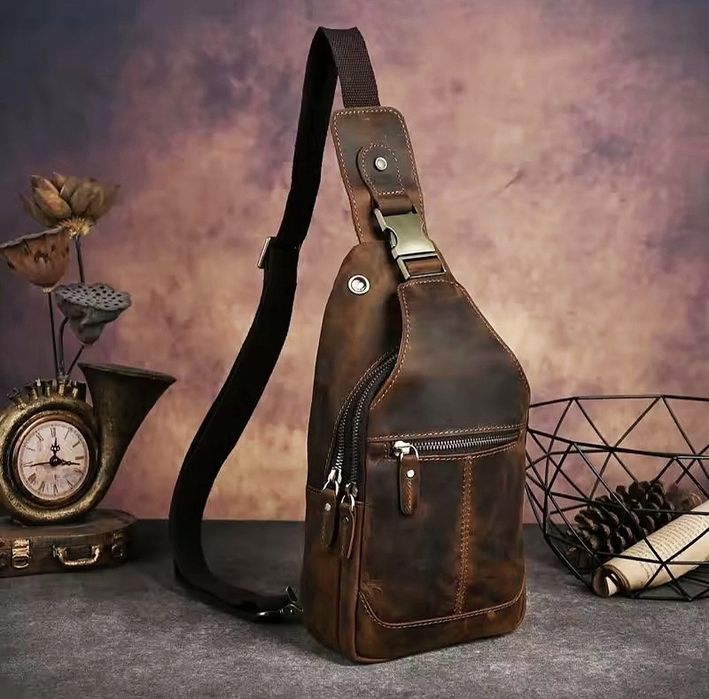 Кожаная Сумка-Слинг мужская. Crazy Horse. Dark Brown.
