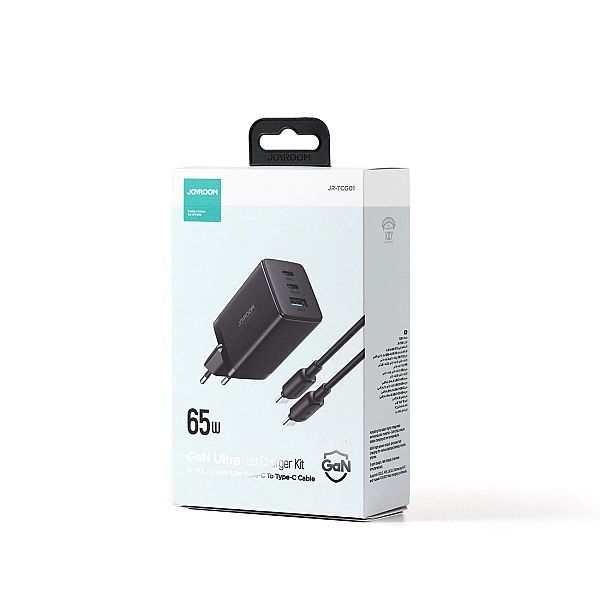 Joyroom szybka ładowarka GaN 65w Usb-a, 2x Usb-c czarna + kabel Usb-c