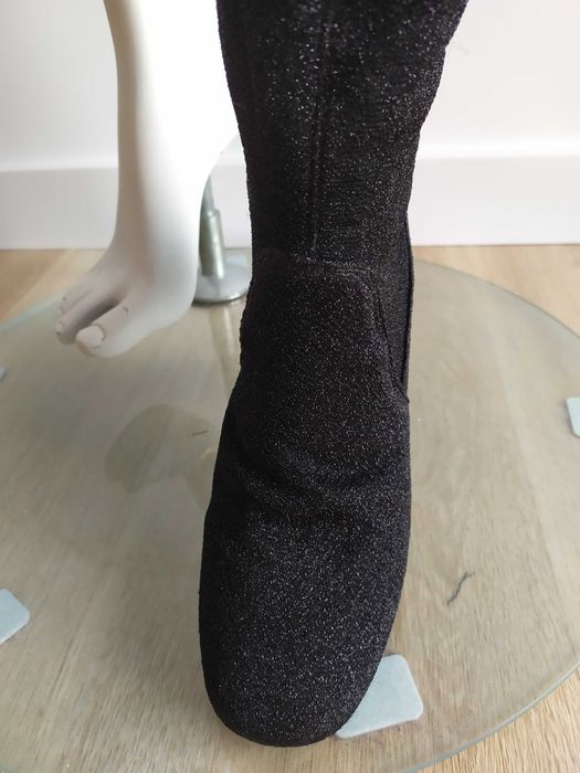Czarne błyszczące kozaki przed kolano roz 37 szpilki ze skarpetą