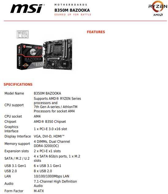 Motherboard MSI GAMING B350M BAZOOKA AM4 AMD Ryzen