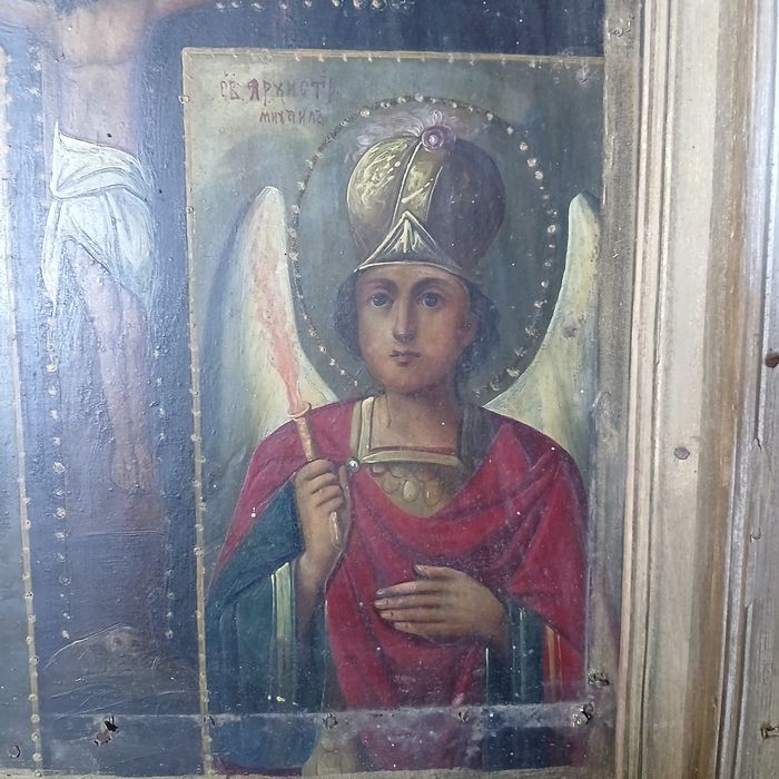 Велика старовинна ікона Розп'яття у кіоті. Кін. XIX ст. Рідкісний напис