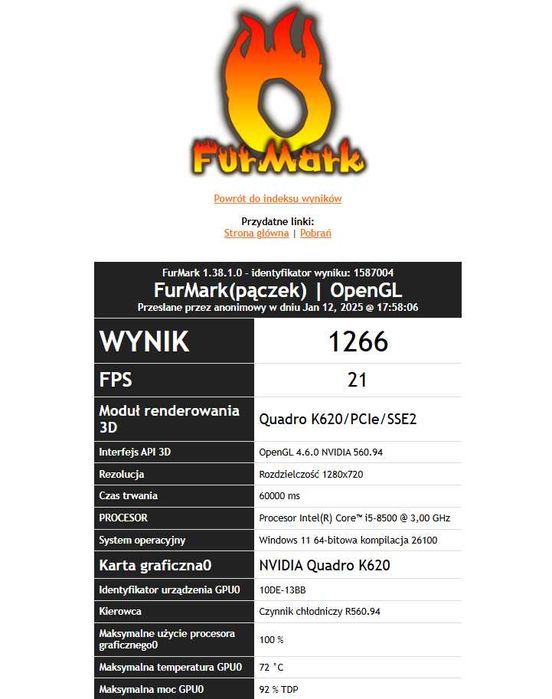 NVIDIA Quadro K620 2GB test w 3DMark FurMark Low Profile śledź 8cm