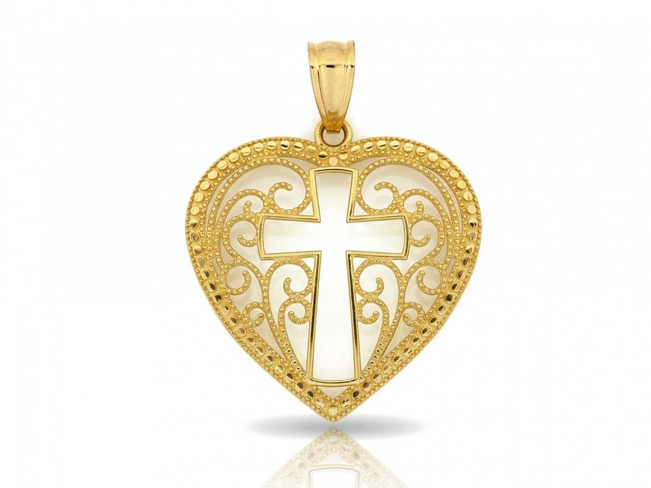 Zawieszka złota ażurowe serce z krzyżykiem