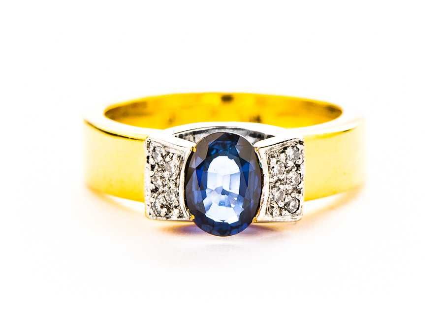 Złoty Pierścionek - SZAFIR I DIAMENTY - 14K - 5,53g - KRAKÓW