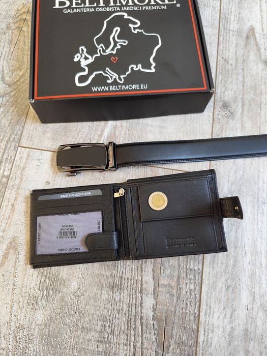 Zestaw nowy prezent męski skórzany pasek i portfel czarny pudełko 110