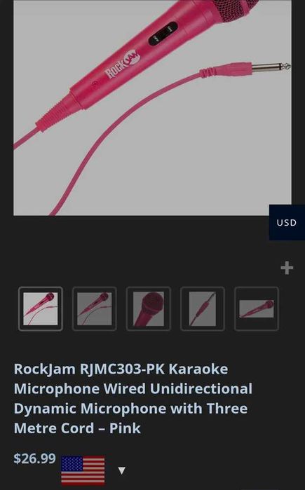 Розовый проводной микрофон марки RockJam, модель RJMC303-PK.