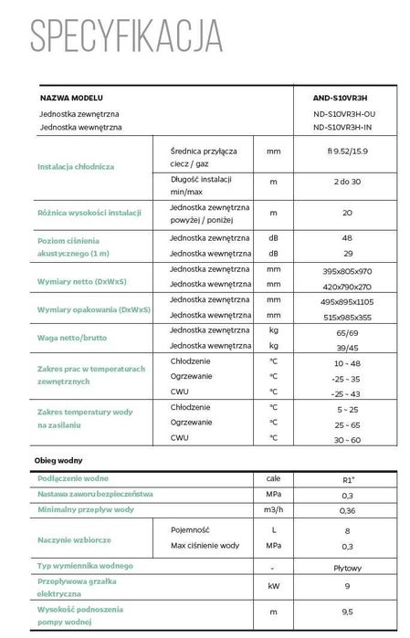 AND-S10VR3H Pompa Ciepła Split 10KW