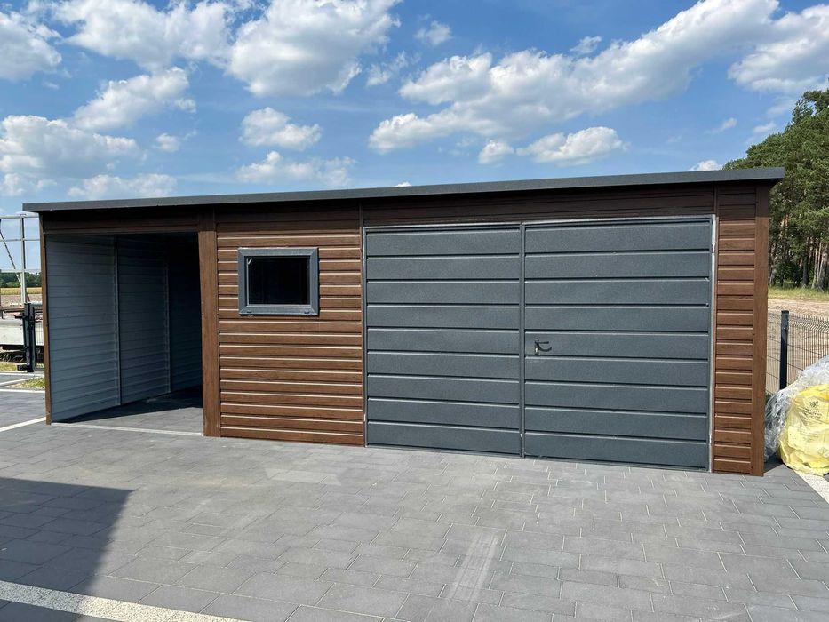 Garaż blaszany 6x5 wiata i okno  Ciemny Orzech + grafit Montaż gratis