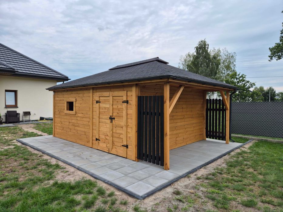 Domek narzędziowy BAMBI 4x6 m z lamelami i drewutnią