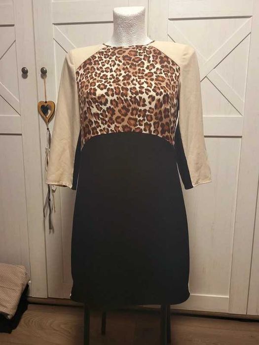 Warehouse 38 M sukienka wizytowa panterka bez i czarna rękaw 3/4