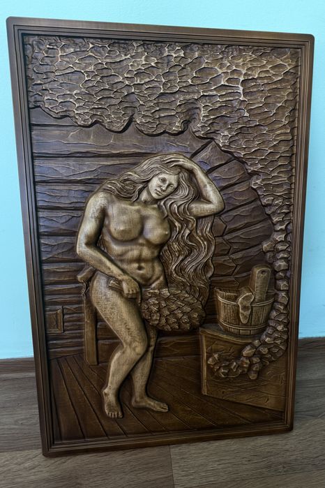 Оголена панянка в сауні -  панно, дерев'яний декор для бані, подарунок