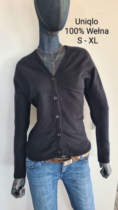 Kardigan Sweter Uniqlo. 100% Wełna Wool. Czarny. Rozmiar S M L XL