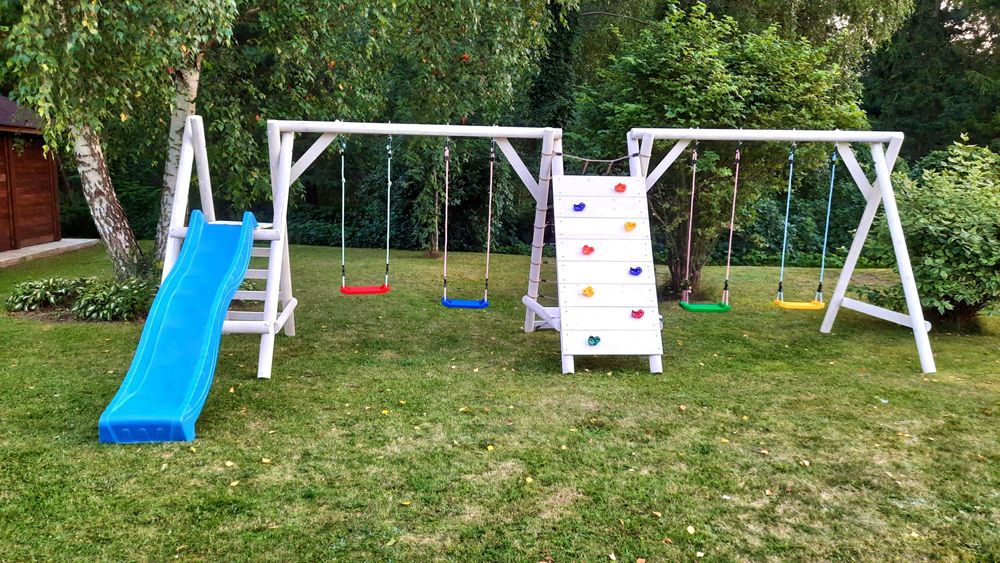 Drewniany Plac Zabaw do Ogrodu JUMBO-SMERF 4Huśtawki Ślizg DUŻAŚcianka