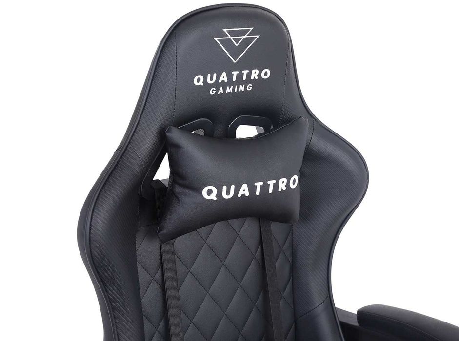 Fotel gamingowy Quattro Carbon – Głęboka czerń, wykończenie premium, wysuwany podnóżek i komfort klasy biznes do biura i domu.