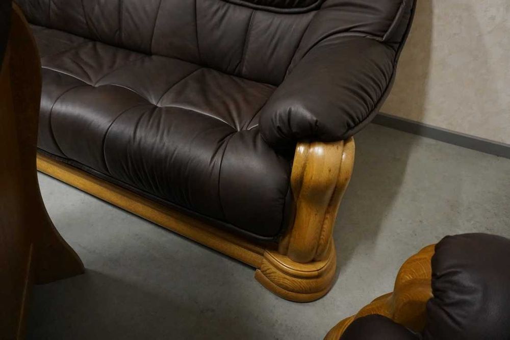 Zestaw na Stelażu Dębowym Skóra Brązowa Naturalna 3+2+1 (w-1118)