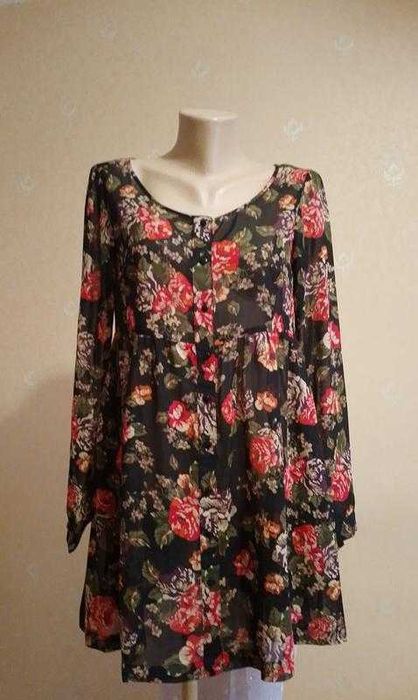 Сукня туніка шифон в квіти на ґудзиках з карманами