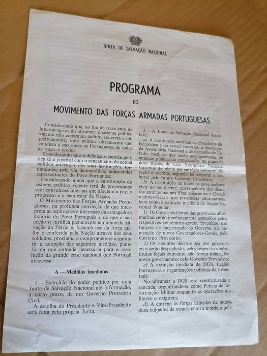 (1º)PROGRAMA Abril 74 Junta Salvação Nacional Movimento Forças Armadas