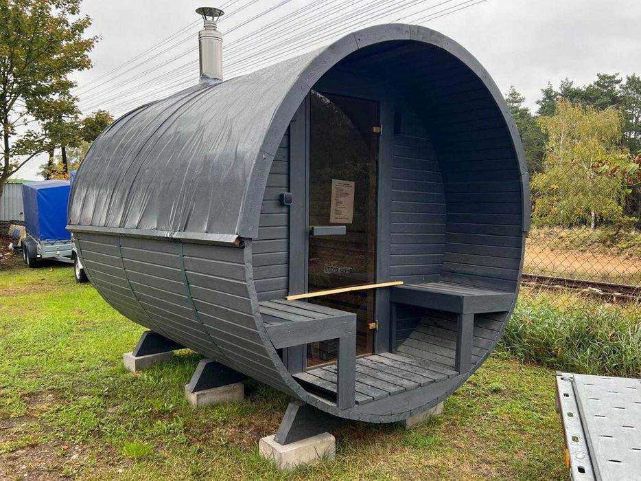 Sauna ogrodowa z piecem opalanym drewnem panorama ławeczka beczka 8 os