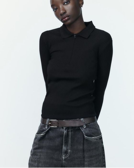 Лонгслів лонг поло Zara рубчик чорний на змійці S оригінал