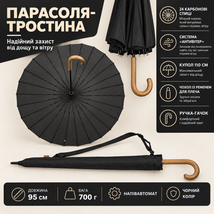 Парасоля тростина 24 спиці 110 см напів автомат деревʼяна ручка чоловіча жіноча трость антивітер