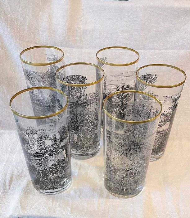 Conjunto 6 copos gravura, anos 60, invulgares