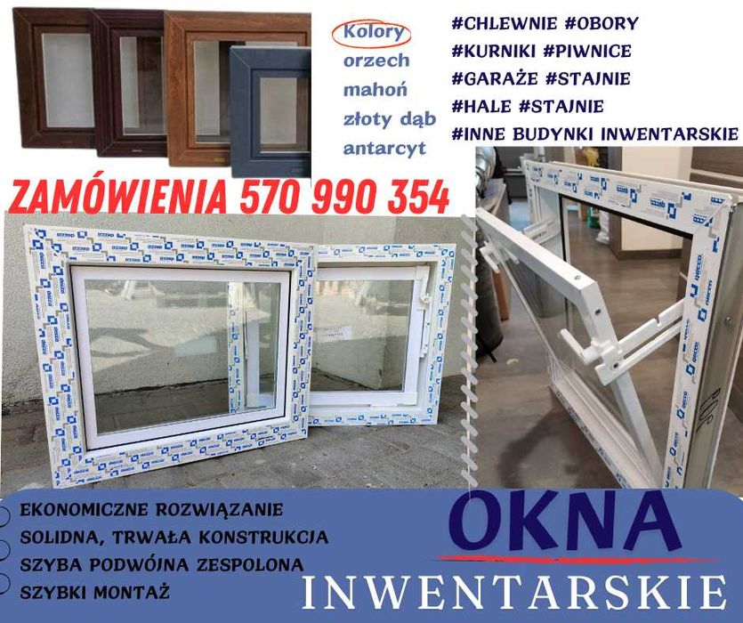 Inwentarskie okna PCV, do garażu piwnic chlewni altan kurników