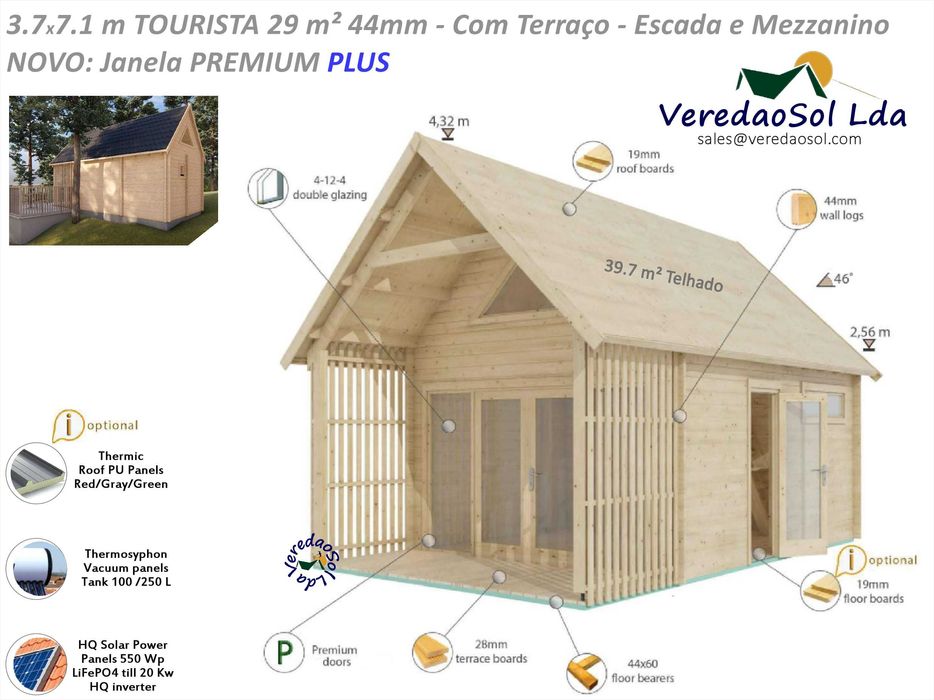 KIT Casa madeira TOURISTA 44mm 29m² - c.d. Banho - Mezanino - Terraço