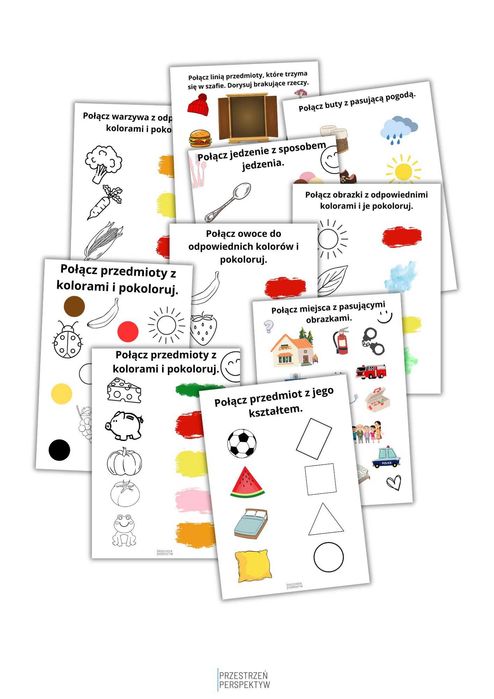 DOPASOWYWANIE – karty pracy dla dzieci | kolory, kształty, owoce, PDF