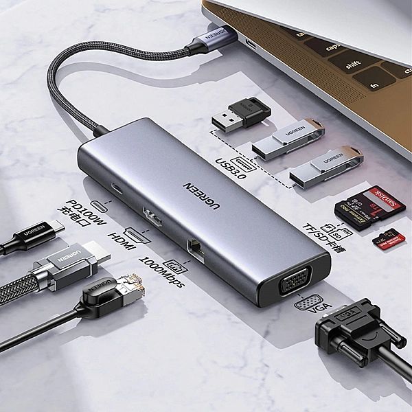 Adapter Ugreen CM498, 15600 USB-C - 3x USB-A 3.0 / HDMI / VGA / RJ45 /