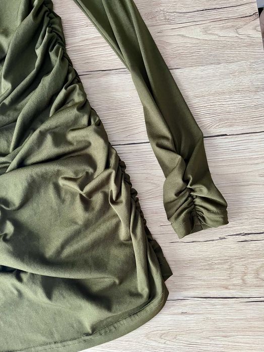 Sukienka khaki długi rękaw cekiny elegancka casualowa Butik XS/34