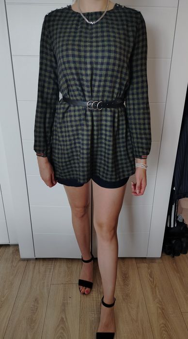 kombinezon Zara L zielono czarny w pepitkę krótki z długim rękawem